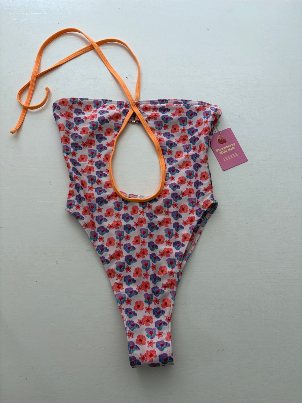 Strawberry Milk Mob Floral One-Piece Swimsuit with Orange Trim